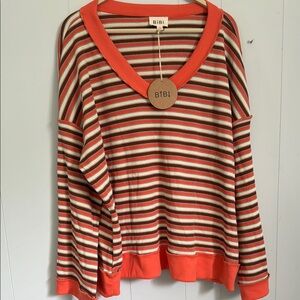 BiBi Women's Striped V-Neck Top - orange Brown and Cream